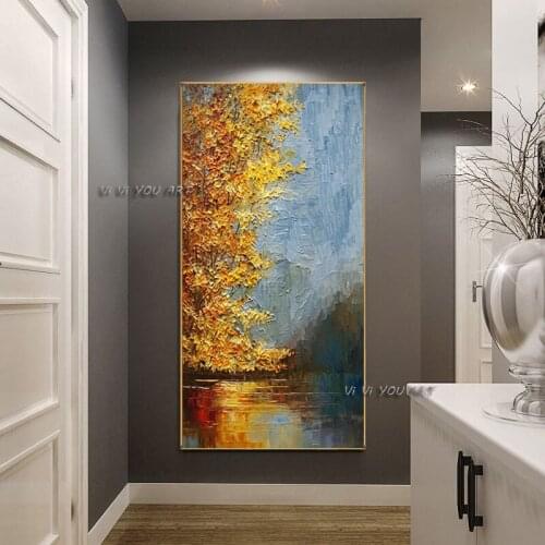 100% Handmade Golden Tree Landscape Abstract Oil Painting Wall Art On Canvas Modern For Living Room Bedroom