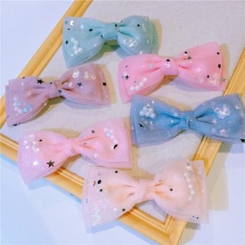 11cm 5pcs/lot Pearls sequins large bow DIY Tie Shaped Appliques Satin Ribbon Bow Appliques Craft DIY Wedding Decoration