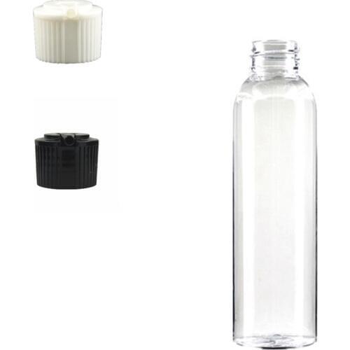 120ml empty Dispensing Cap cosmo round plastic bottle , clear pet bottle with white ribbed skirt spouted dispensing lid