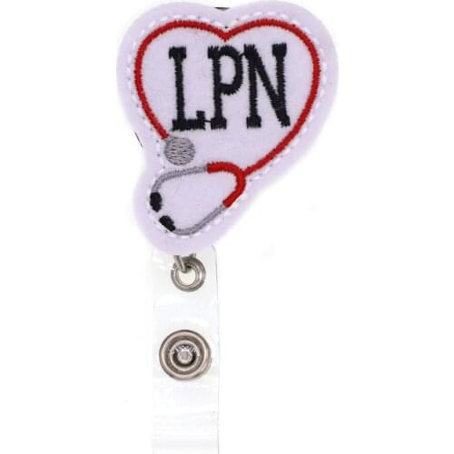 Free Shipping Heart Stethoscope LPN Retractable Felt ID Badge Holder Reel