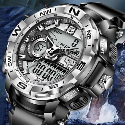 LIGE Sport Men Quartz Digital Watch Creative Diving Watches Men Waterproof Alarm Watch Dual Display Clock Relogio Masculino+Box