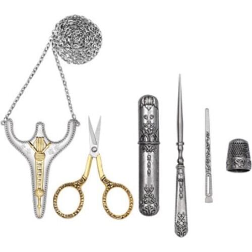 5Pcs/ Set Vintage Silver and Gold Antique Crafts Embroidery Sewing Scissors Thimble Needle Case Awl Tailors Scissors