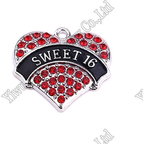 Hot Selling 20 pcs a lot rhodium plated SWEET 16 with red/pink/blue/white crystal heart pendant New Arrival