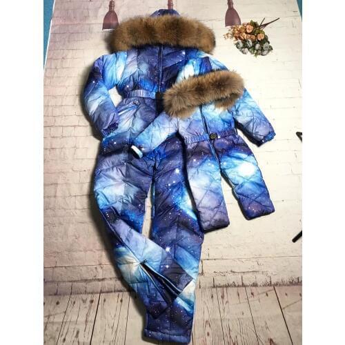 Family sets 2019 winter Outwear suit Family set monther and child raccoon fur hooded jumpsuit Women down suits outdoor ski suit