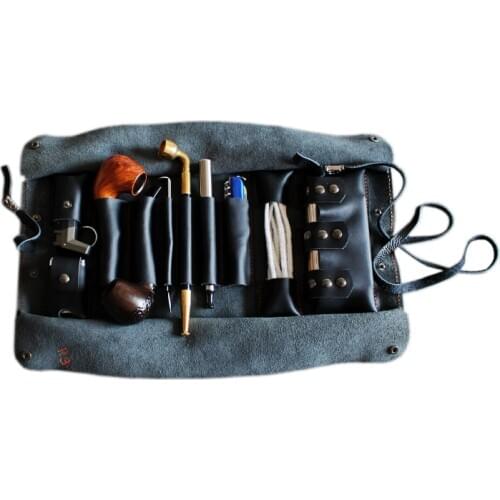 Leather Handmade Pipe Bag Large Capacity Cowhide Multi-position Combination Smoking Tools Set Storage Cigarette Case Lighter Bag