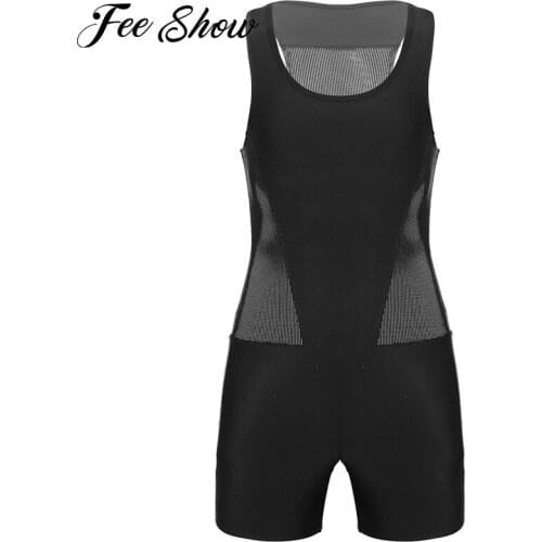 Summer Man Breathable Gymnastics Leotard Sport Jumpsuit Sleeveless Racer Back Hollow Out Net Boyshorts Fitness Jumpsuit Bodysuit