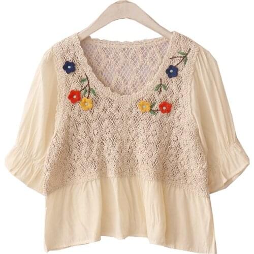 Summer new style French retro holiday wind crochet flower hollow out loose short t-shirt