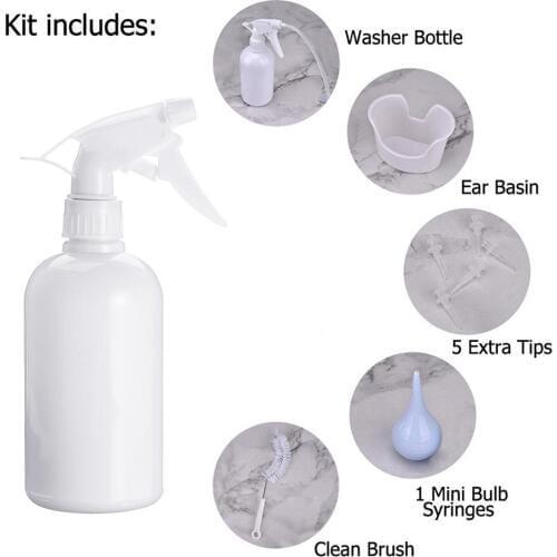Ear Wax Wash Remover Bottle Basin Cleaning Brush Tool Set with 5 Tips Ear Irrigation Cleaning Kit Ear Washing for Adults Kids