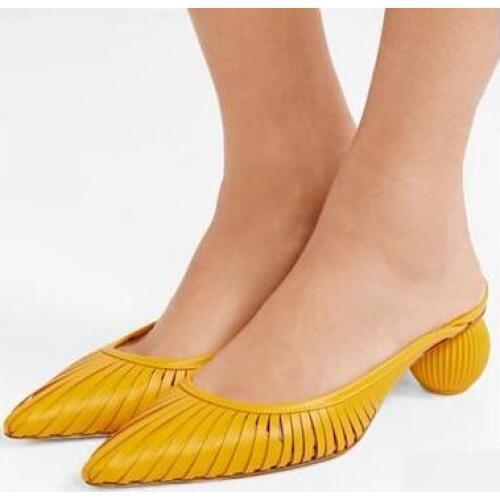 Summer Latest Design Brand Woman Yellow White Casual Braided Hollow Slip On Pointed Toe 50 mm Ball Heels Muller Slide Shoes