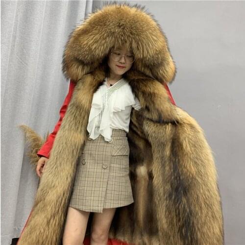 2021 new style to overcome womens long Parker King whole skin raccoon fur liner warm coat big placket fur