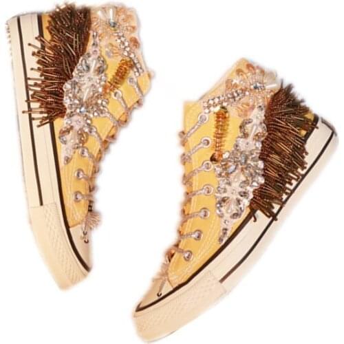 High-top canvas shoes casual street single shoes fashion heavy industry rhinestone beaded lace-up flat shoes women