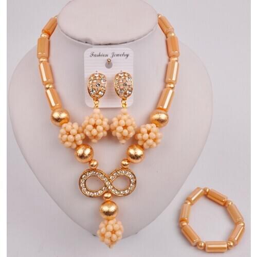 Latest Beige Crystal Nigerian Beads African Wedding Jewelry Set SZQ-07