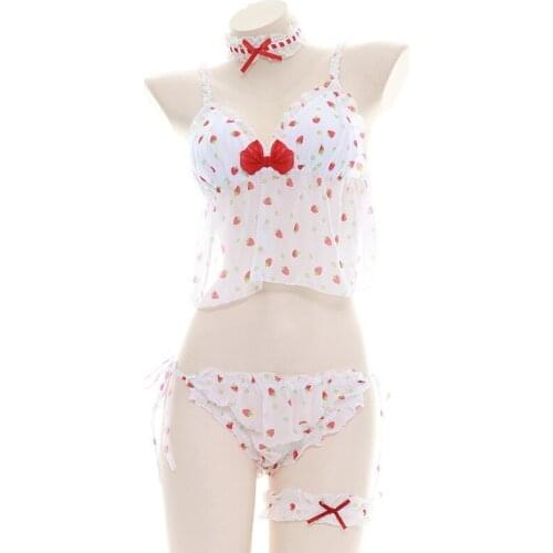 Sexy Japanese transparent pajamas sexy strawberry no steel ring cute princess suit with neck leg ring 4 pieces set