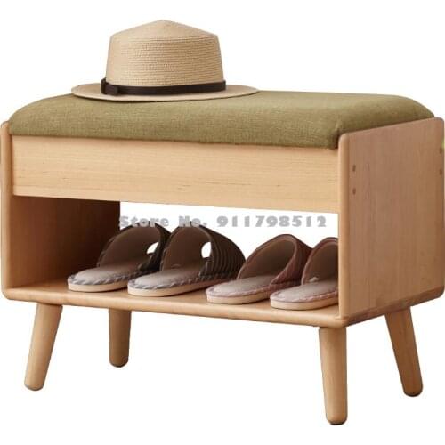 Solid wood shoe changing stool Nordic simple small stool with soft bag porch home multifunctional stool with storage
