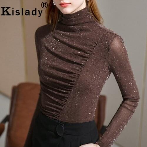 Kislady Tops Long Sleeve Gothic Women Shirt Sexy Turtleneck Patchwork Mesh Fabric Shirt Korean Shining OL Harajuku Fold Clothes