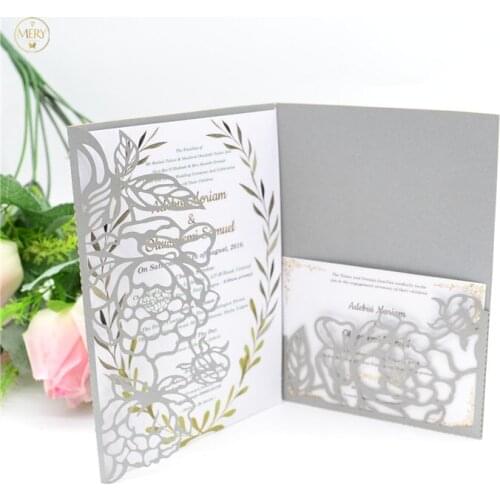 Bright silver laser cut Tri fold invitation cards for weddings