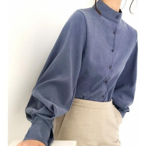 Ladies Hong Kong style retro stand collar single breasted temperament lantern sleeve versatile loose casual shirt