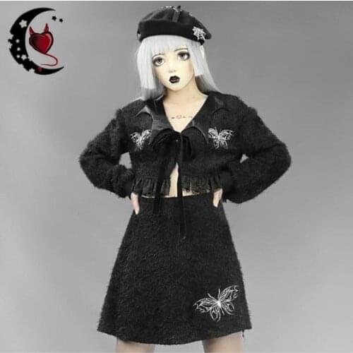 Harajuku Gothic Butterfly Embroidery Black Skirts Women Autumn Winter Furry Soft Warm High Waist Mini Skirts Streetwear