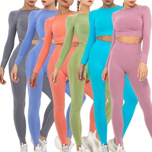 KIWI RATA Women Seamless Yoga Set Fitness Sports Suits GYM Clothing Long Sleeve Shirts High Waist Running Leggings Workout Pants
