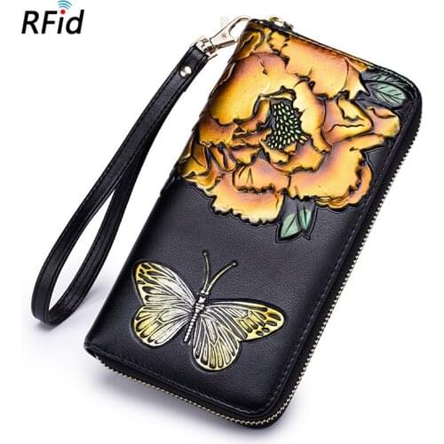 Flower Genuine Leather Womens Wallet Female Long Wallet Women Purse Lady Clutch Money Bag Cowhide Card Holder Coin Purse