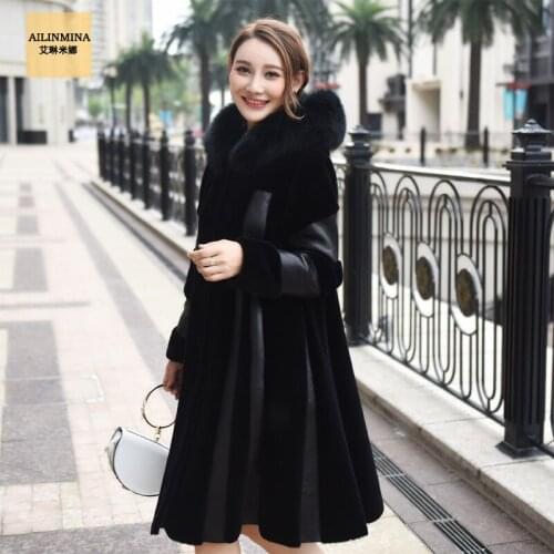 Real Fur Coat Female Winter Natural Fox Fur Hooded Jacket Women 2020 Korean Long Sheep Shearing Jackets 100% Wool Tops LW2176