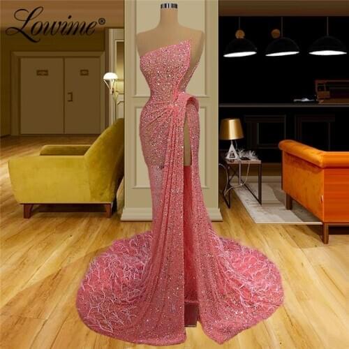 Dubai Transparent Beading Pink Evening Gown 2020 Robe De Soiree Feather Long Prom Dresses For Weddings Sexy African Party Dress