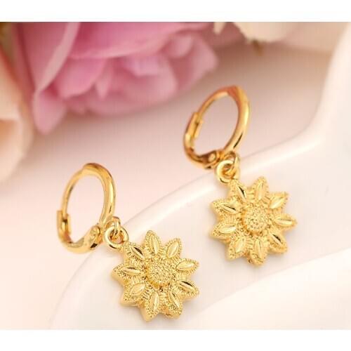 14 K Yellow Solid Fine Gold FINISH flower drop Earrings Women/Girl,Love Trendy Jewelry for African/Arab/Middle Eastern gift