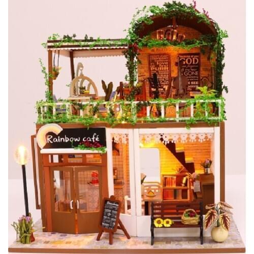 3D Wooden Coffee House DIY Doll Houses Kit Miniature Furniture LED Lights Home Wedding Birthday Christmas Gifts