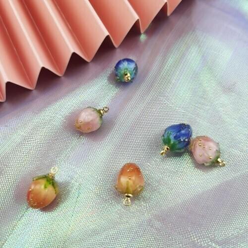 6pcs/lot Pink Strawberry/Flowers Bud Shape Resin Charms Chic 3D Flowers Pendants DIY Jewelry Earring Accessories Handmade Craft