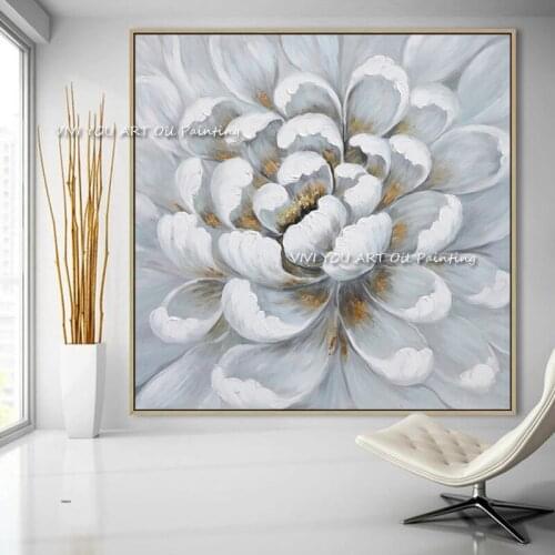 Abstract white flower oil painting poster wall art modern on canvas 100% hand painted frameless for kitchen room decoration