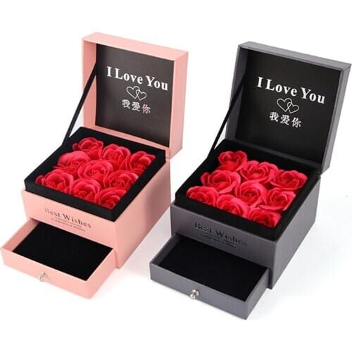 Ring Necklace Jewelry Holder Paper Box + 9Pcs Faux Rose Flower Present Gift Case Necklace Earrings Ring Box Jewellry Packaging
