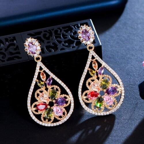 CWWZircons Multi Purple Pink Green Color CZ Crystal Water Drop Indian Gold Vintage Flower Long Dangle Earrings for Women CZ413
