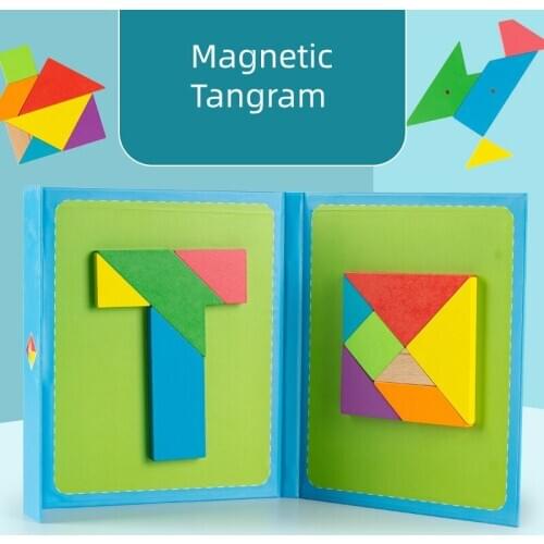Wooden Magnetic Tangram T-character Puzzle Jigsaw Board Children Brain Imagination Development Early Childhood Educational Toys