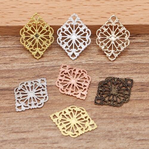 20pcs/lot Diamond Shape Silver Plated Copper Hollow Out Flowers Filigree Wraps Connectors 15x20mm For Jewelry Making Findings