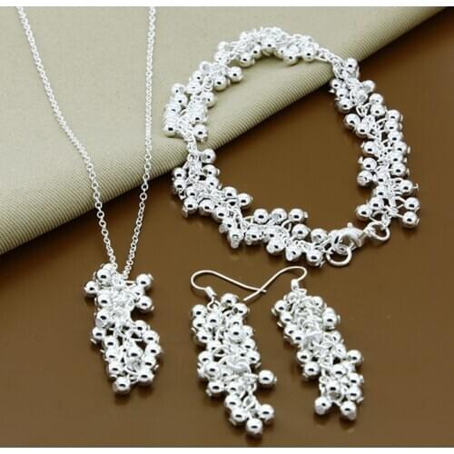 925 Sterling Silver Grape Beads Earring Bracelet Necklace Set For Woman Wedding Engagement Party Fashion Charm Jewelry Gift