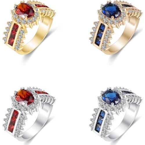 Fashion Oval Cut Red Blue Crystal Rings For Women Luxury AAA Zircon Crown Ring Women Wedding Band Jewelry Accessories Gift