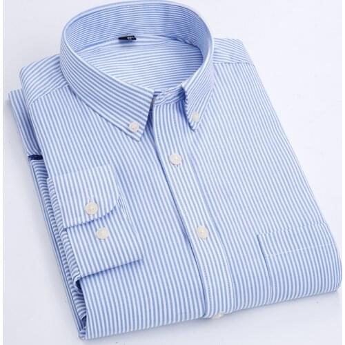 2021 Autumn New Male Classic Business Casual Oxford Long Sleeve Shirt Mens Striped Plaid Dress Shirts Office Style Tops Clothes