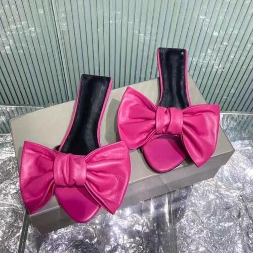 Butterfly Tie Slippers Womens Flats Slides Genuine Leather Mules Woman Shoes Luxury Brand New Fashion Designer Runway Shoes Ins