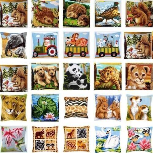 NEW animals 2 Kit Unfinished Acrylic Yarn Embroidery Pillow Tapestry Canvas Cushion Front Cross Stitch Pillowcase