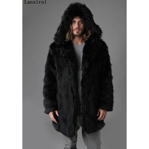 Autumn Winter Mens Faux Fur Mink Coat Short Grey Hooded Coat Plush Fluffy Coat Male Plus Size Xxxl 4xl 5xl Warm Overcoat Men