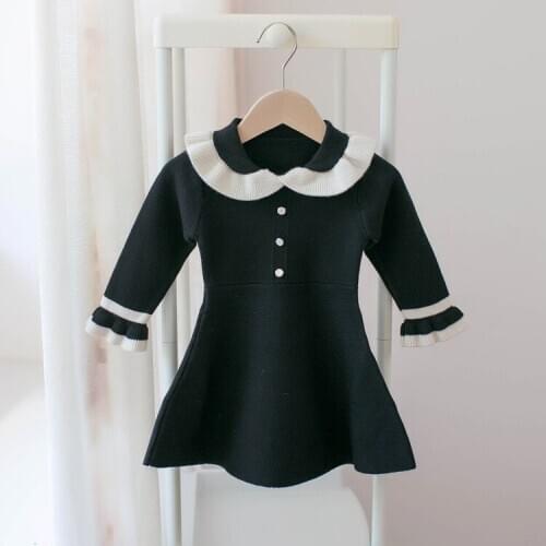 Autumn Winter Girls Knitted Dress Kids Warm Cotton Children Clothing Long Sleeve Peter Pan Collar Girl Dresses