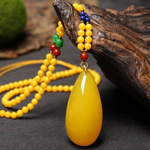 Natural Baltic Amber Necklace Drop Pendant Sweater Chain Women Yellow Beeswax Blank Pendants Charms Necklaces Amulet Gifts