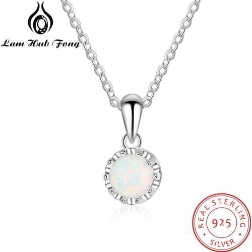 925 Sterling Silver Flower Pendant Necklace with Round White Opal Stone Silver 925 Jewelry Gift for Girlfriend (Lam Hub Fong)