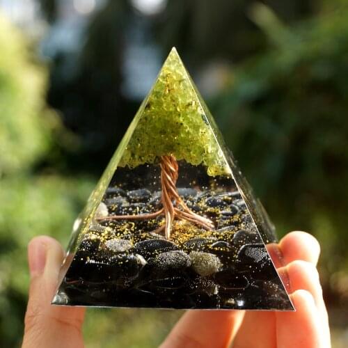 Handmade Orgonite Pyramid 60mm Tree of Life Peridot Obsidian Copper Natural Cristal Stone Reiki Energy Healing Meditation Orgone