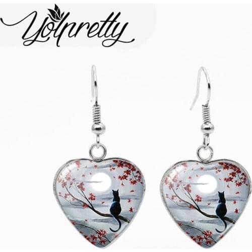 2021 New Arrival Colorful Moon Cat and Tree Landscape Paintings Heart Fish Hook Earrings Handmade Stainless Steel Dangles