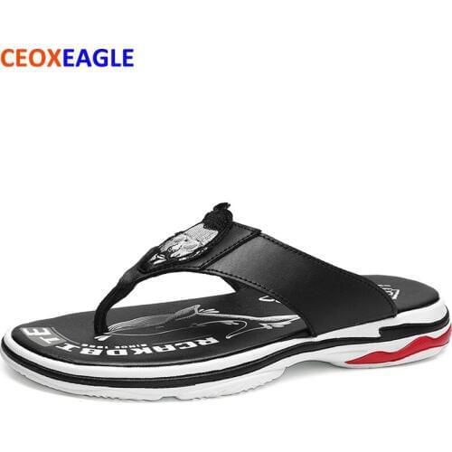 2019 Brand Summer Men slippers Male genuine leather Flip Flops for man vintage Casual Beach Sandals Soft Non-slide Zapatos Shoes