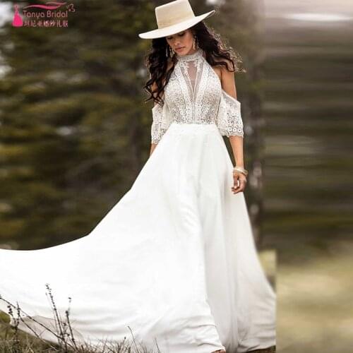 A Line Wedding Dresses Country Boho Bridal gowns Lace chiffon Elegant Noivas Chic ZW260