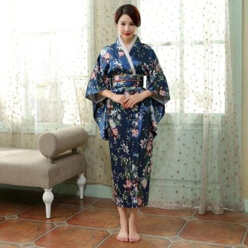 Navyblue New Arrival Japanese Style Lady Kimono Sexy Women Yukata With Obi Vintage Evening Party Dress Flower One Size 101501