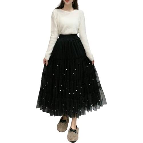 Ladys Fashion Tutu Tulle Skirt High Waist Lace Stitching Skirt Floral Print Mesh A-line Skirt Beading Cake Layers Midi Skirts