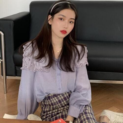 Women Sweet Peter Pan Collar Blouse Casual Long Sleeve Female Top Shirt Streetwear Office Ladies Blouse Shirt